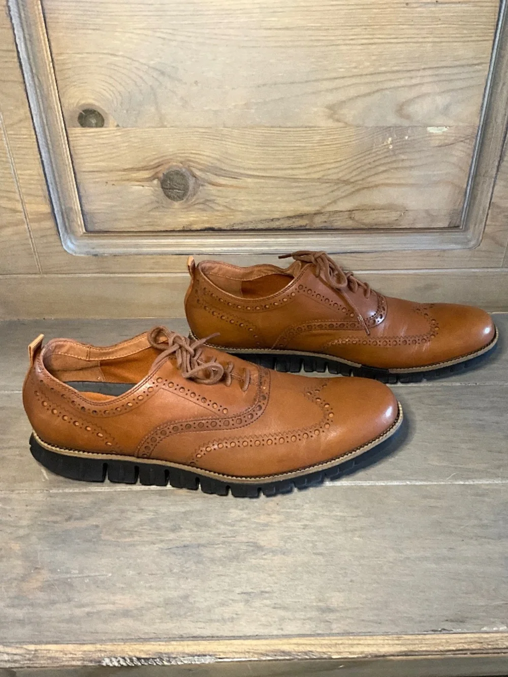 Cole Haan Zerogrand Wingtip Oxford Men's 12 Cognac Tan Full Grain Leather Brogue